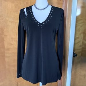 INC asymmetrical studded V neck long sleeve top